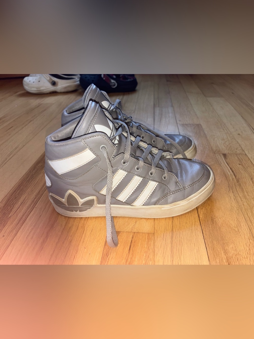 Kids adidas Gray High-Top Sneakers with White Stripes